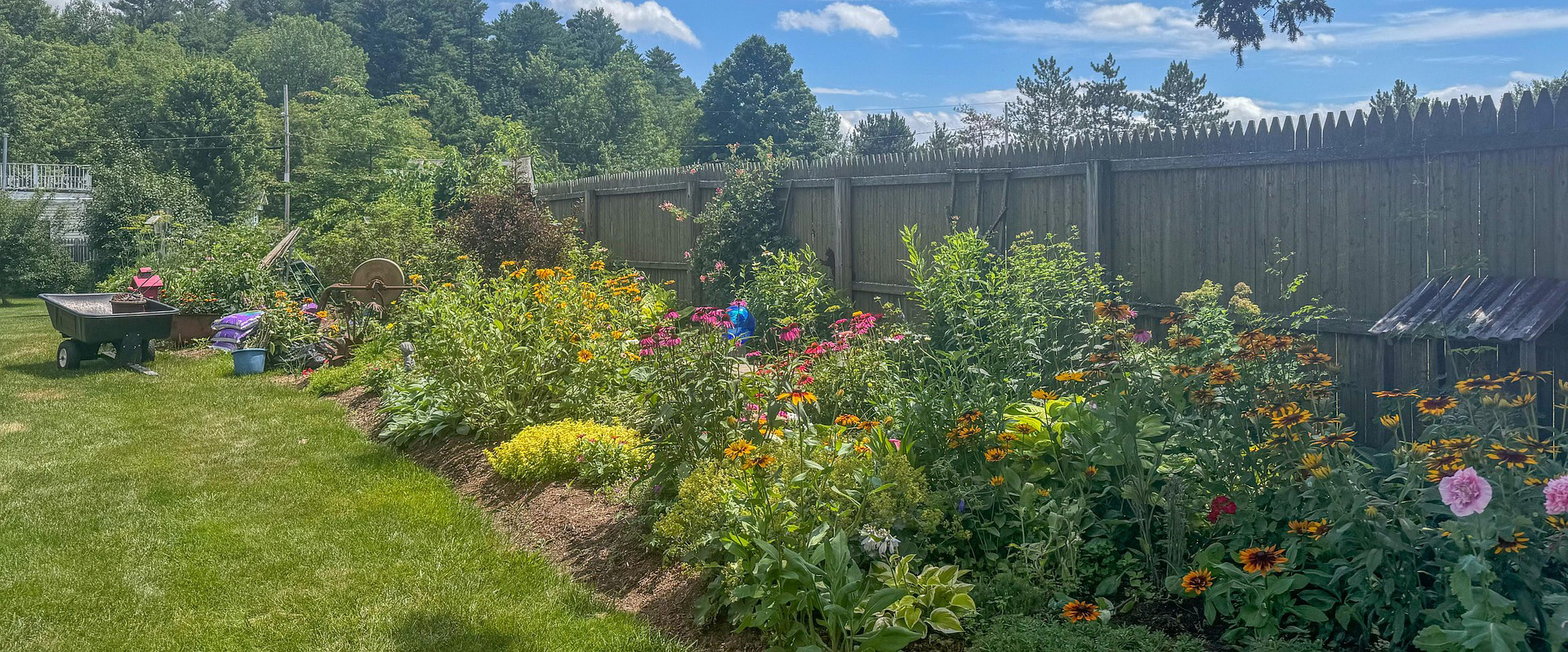 grote tuin met gazon, bloemperk, hek en bomen