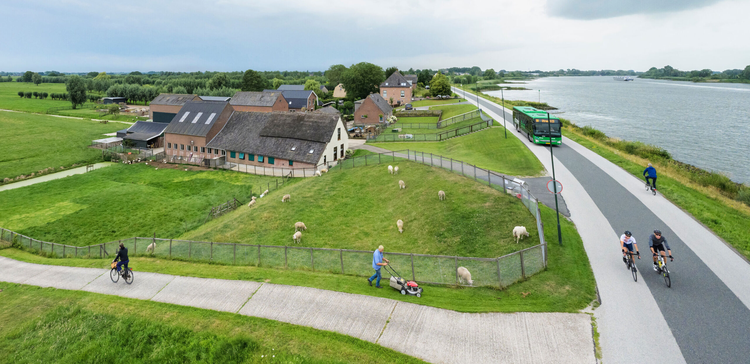 Uitzicht op een landschap met dijken, schapen en een boerderij. Op de dijk fietsen mensen, rijdt een bus en maait iemand gras. Aan de rechterkant ligt een rivier langs de dijk. Het gebied is groen en landelijk met weilanden en huizen.