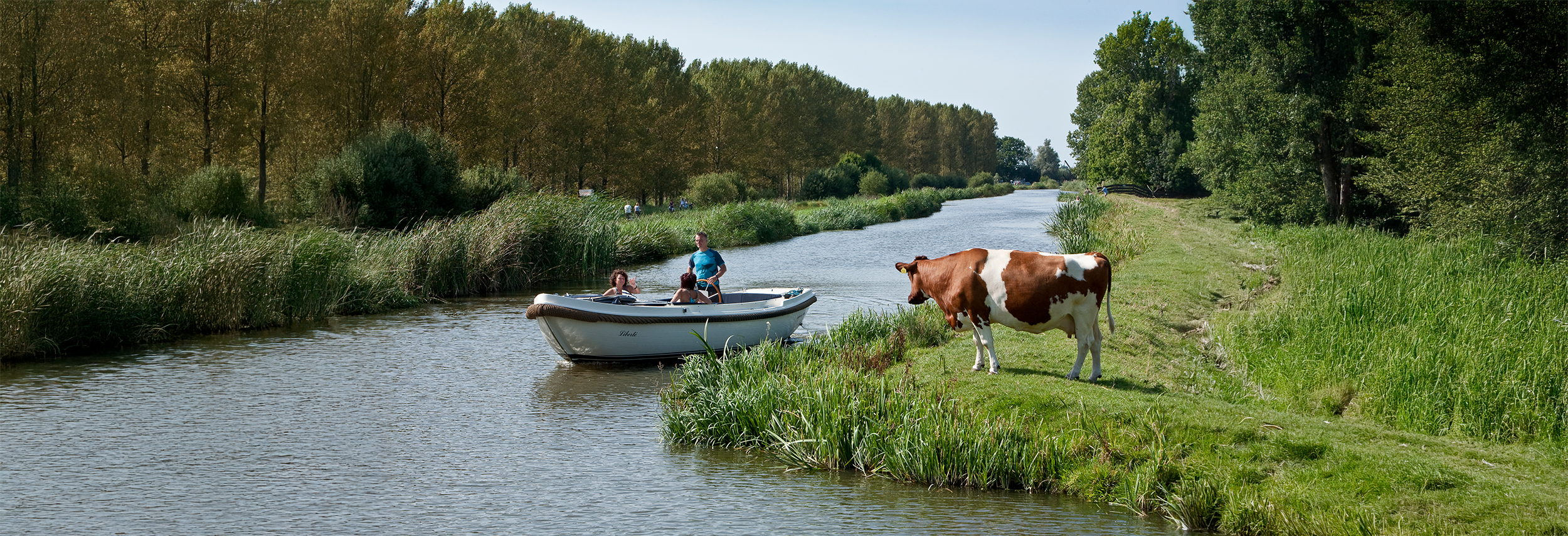 Water met aan beide zijde een lage dijk. Op het water een recreatie motorboot met 3 personen. Op de rechter oever staat een koe toe te kijken.