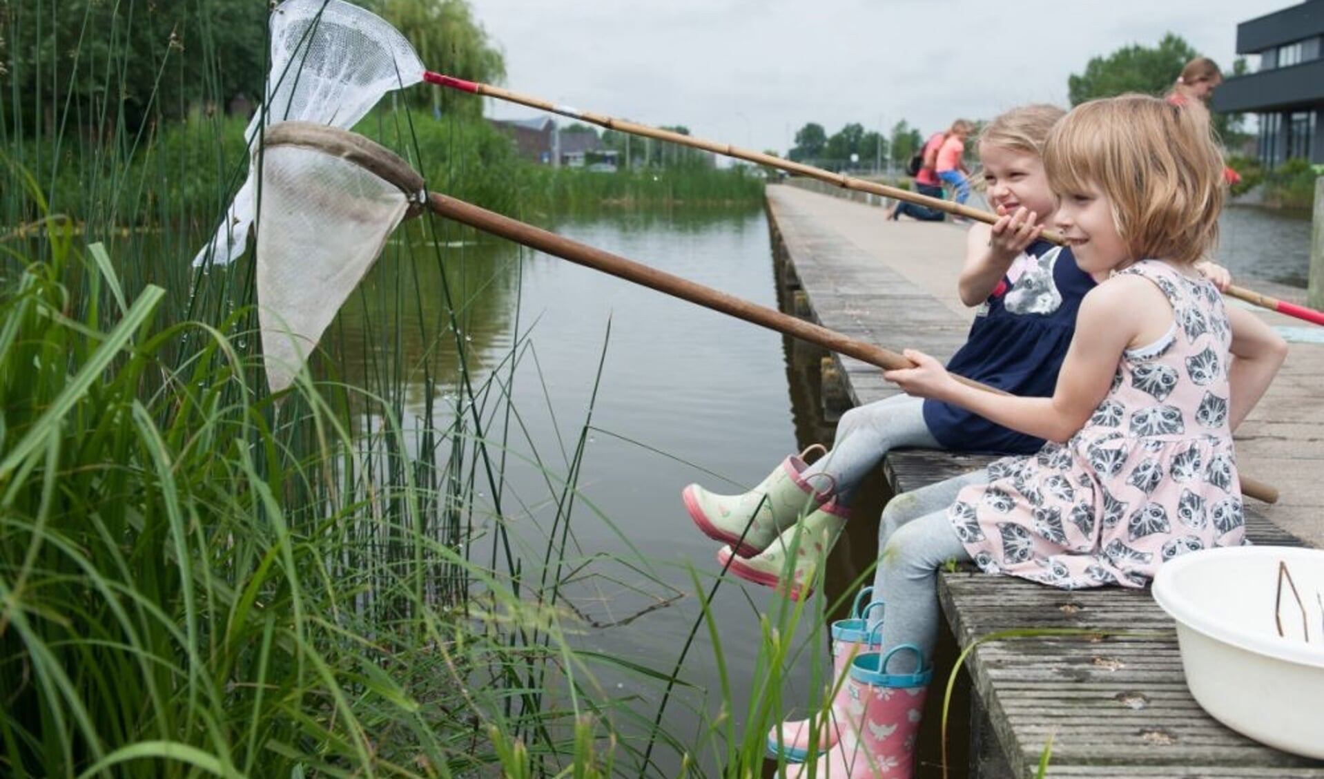 Slootjedagen IVN. 2 kleuters met schepnet op de steiger boven het water in een natuurlijke omgeving.
