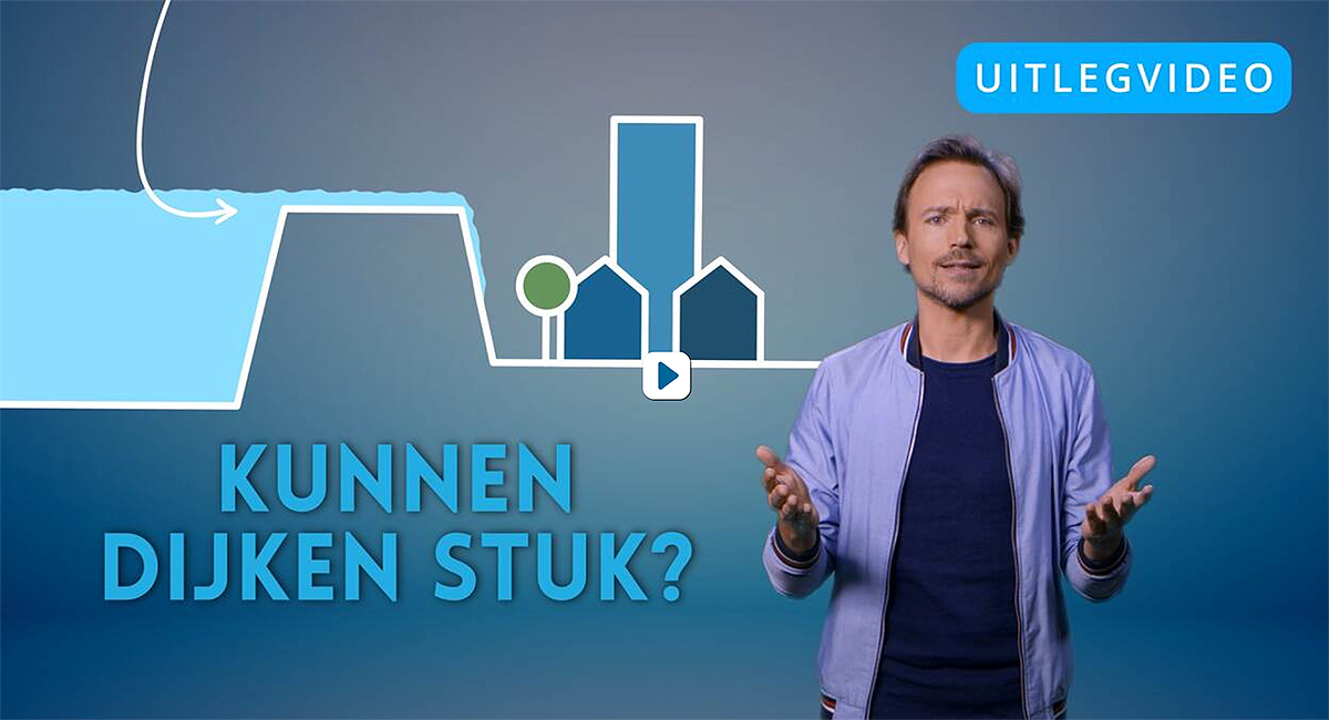 Start scherm video: Kunnen dijken stuk. Met presentator in beeld en op de achtergrond een illustratie van een dijk.