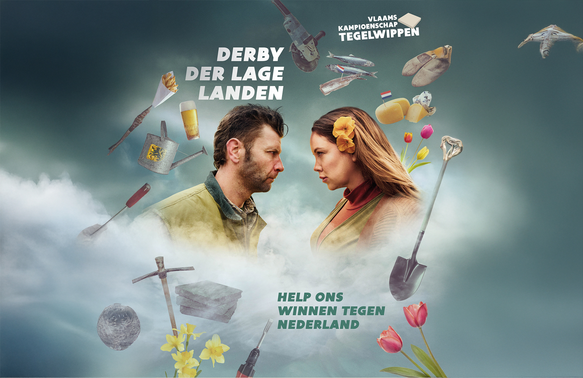 NK-tegelwippen. Derby Nederland-Belgie. Twee mensen staan met de gezichten naar elkaar zoals bokser dat ook doen aan het begin van de wedstrijd. Strijdlustig!